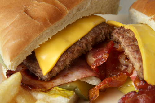 A close up of a burger.
