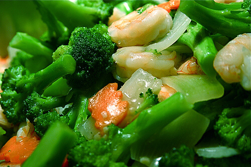 Some vegetables and prawns.