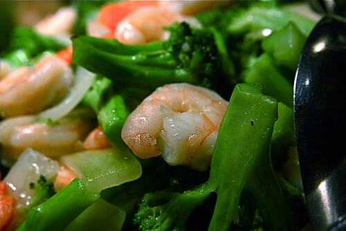A bowl of prawn salad.