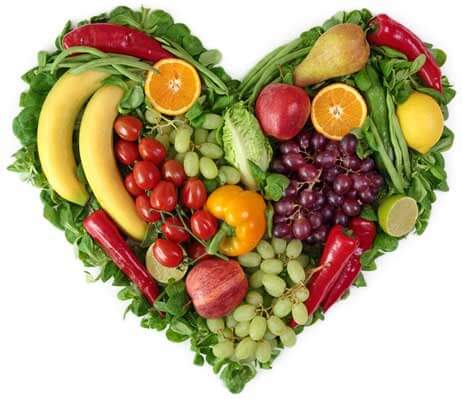 Fruits and vegetables in a heart.