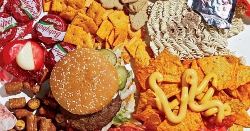 Different types of processed foods like burgers and cheese