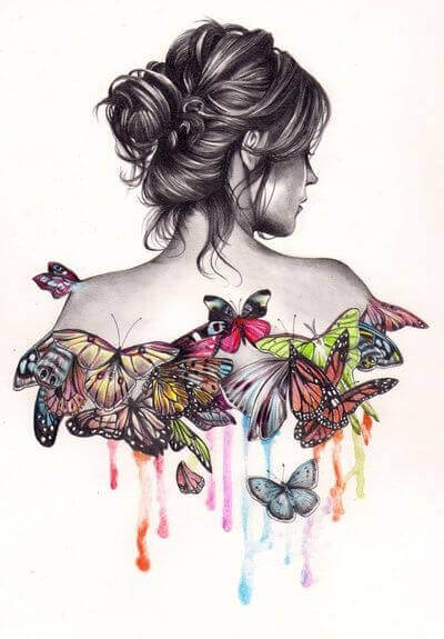 Black and white sketch of woman's cameo with colorful butterflies as her top personality types in love