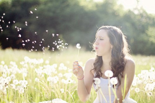 A person blowing on a dandelion.