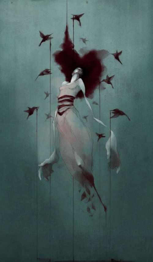 Woman drawing pink dress floating in water with birds explorer personality types in love