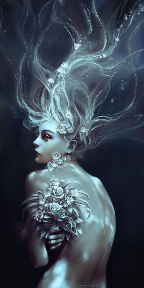 Image of woman in darkness glowing and her hair floating plants personality types in love