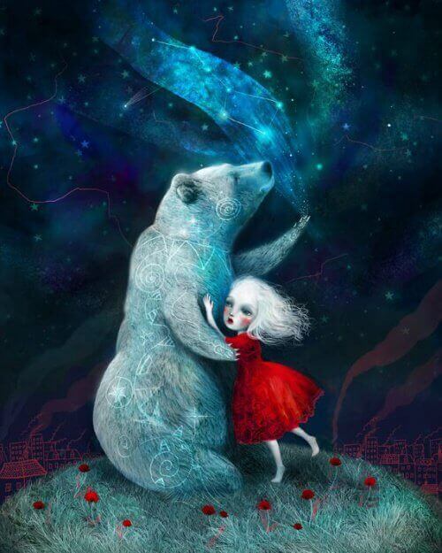Young girl in red dress hugging polar bear in the glowing darkness personality types in love