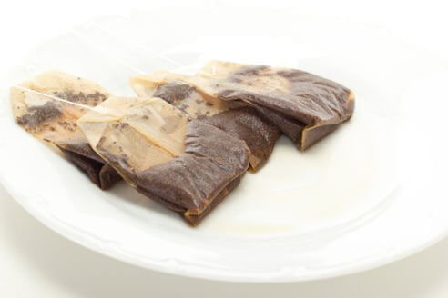 Used tea bags on a plate