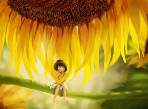 Drawing of a child sitting on a sunflower branch