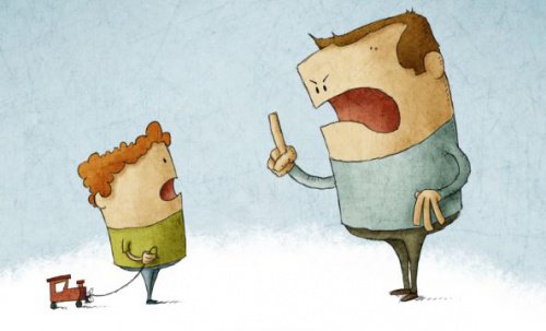 Drawing of a father scolding his son