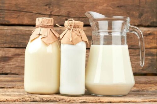 Some milk in bottles.