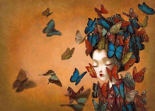 Asian woman surrounded by butterflies