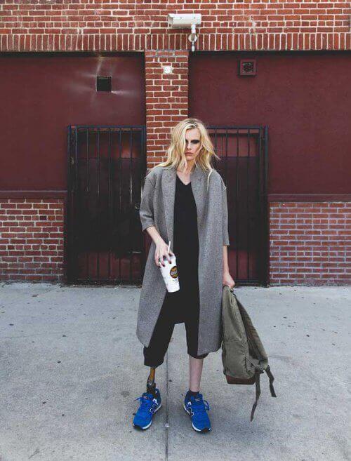 Lauren Wasser black eyeshadow blond woman prosthetic leg amputated