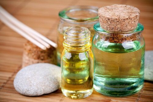 Bottles of essential oils for spider veins