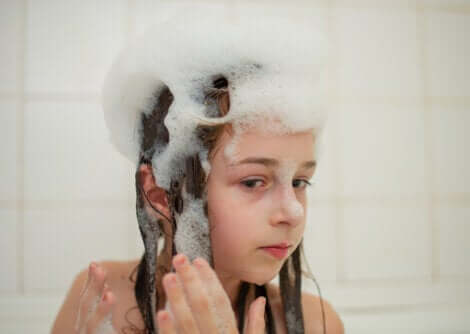 A child washing their hair.