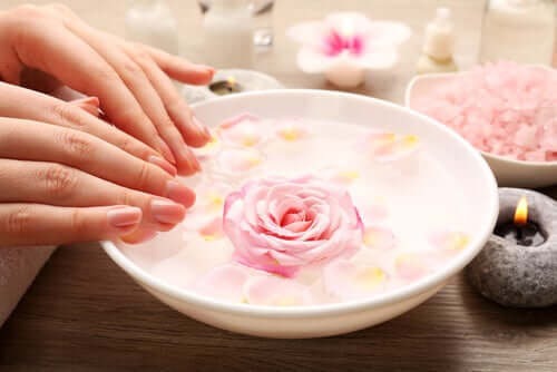 Two hands in a bowl of rosewater.