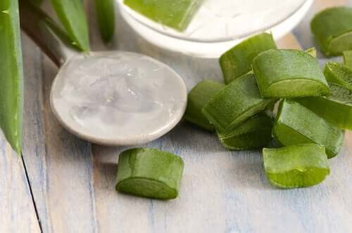 Some chopped aloe vera on a table.