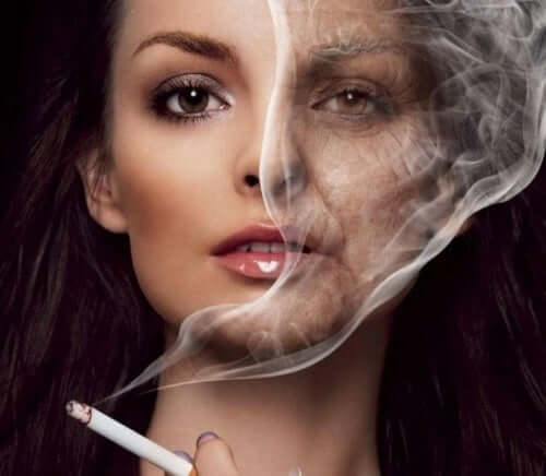 A woman smoking and getting wrinkles.