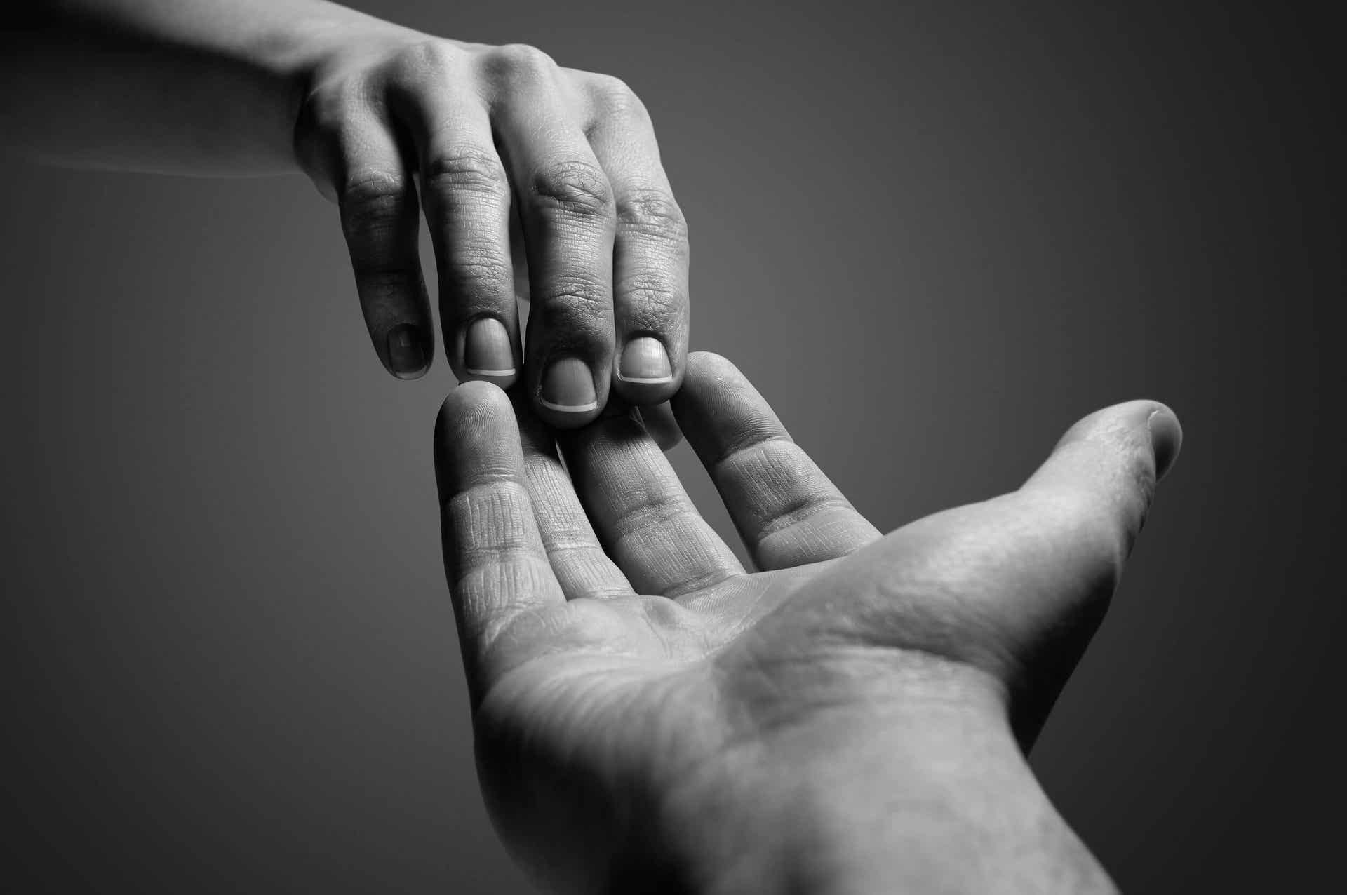 The hands of two different people touching at the fingertips.