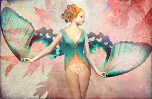 Woman with wings feeling happy