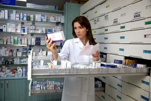 A pharmacist preparing a prescription.