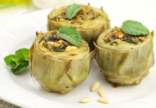 A plate of baked artichokes.