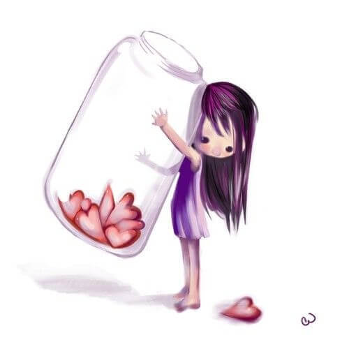 Girl with a jar of hearts learning to show love