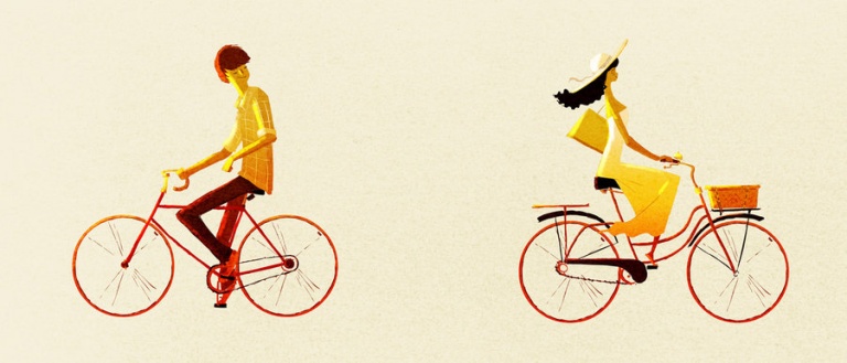 Couple riding two bikes