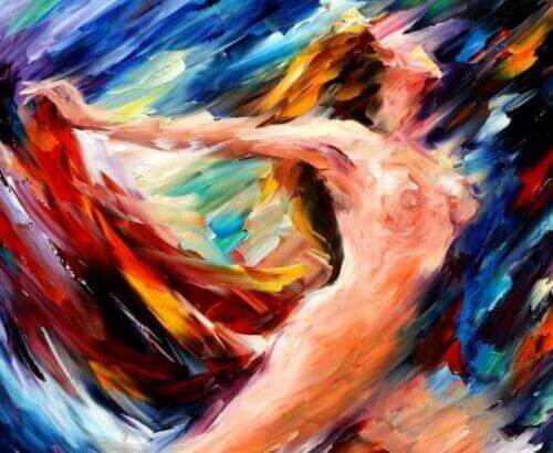 Abstract art of a woman that is surrounded by various colors, and appears to be feeling very liberated and appears that she wants to be single