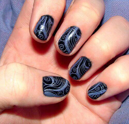 Short nails manicure with blue black pattern stronger nails