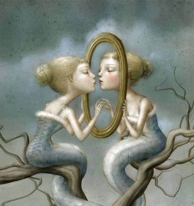 be selfish, girl kissing herself in mirror