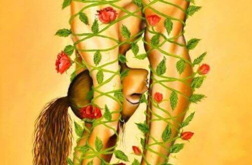 A woman covered in vines and flowers, stretching over her legs, feeling free