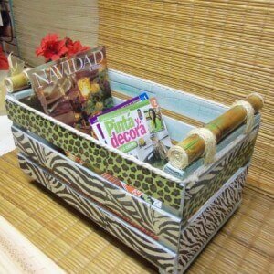 A magazine rack made from crates.