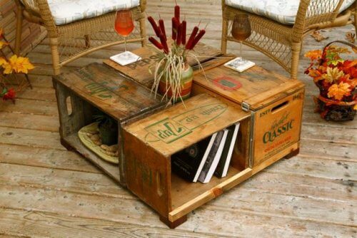 A coffee table made from crates.