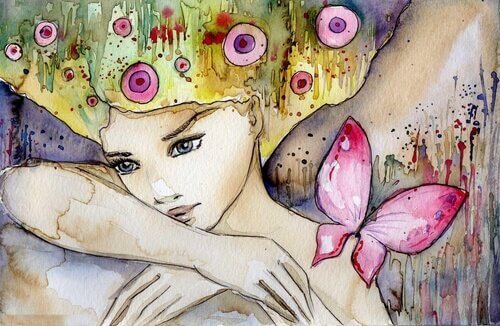 A watercolor of a child being hugged.
