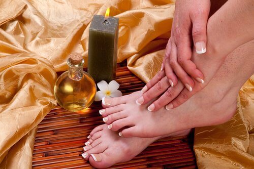 Woman caring for feet.