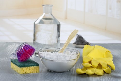 Cleaning supplies on a counter.