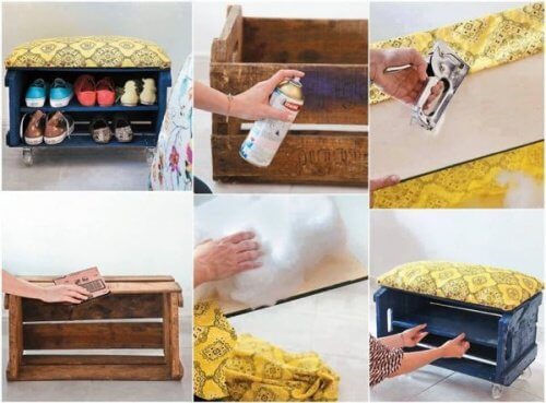Shoe storage made from crates.