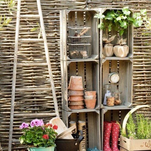 Gardening storage made from crates.