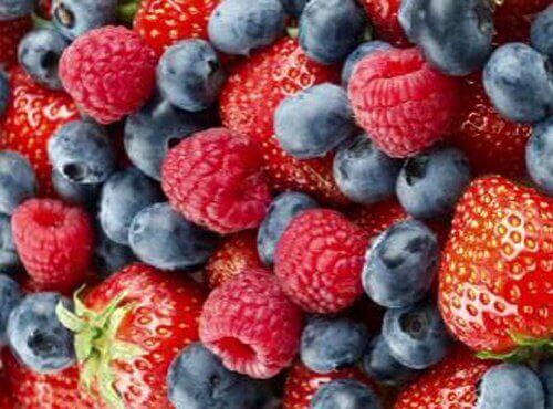 Strawberries, raspberries, and blueberries