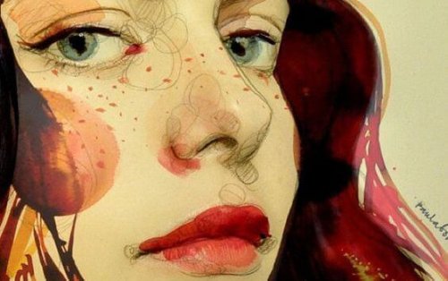 Drawing red tones woman's face