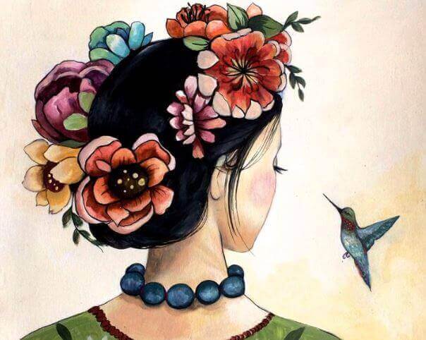 A woman with a hummingbird.