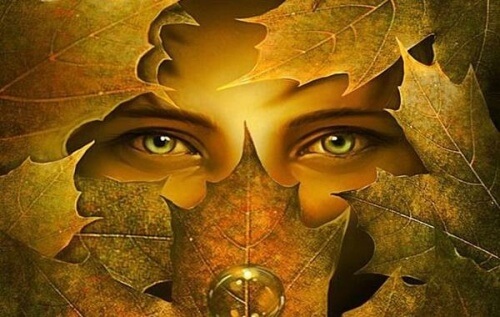 depression woman hiding behind leaves feeling guilty or in a constant bad mood