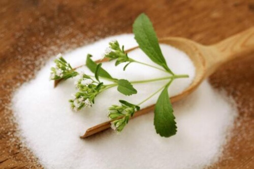 A spoon of stevia sweetener.