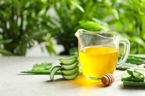 Some chopped aloe vera and a pitcher of honey.