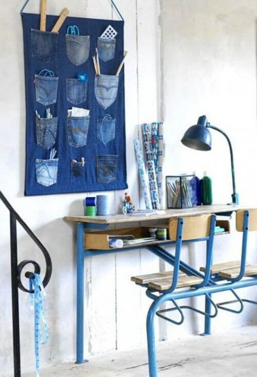 A wall organizer made from old jeans.
