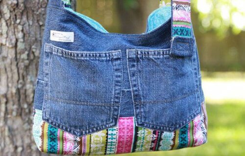 A bag made from old jeans.