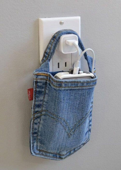 A cell phone holder made from old jeans.