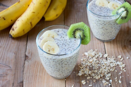 Chia seeds and oatmeal garnished with banana