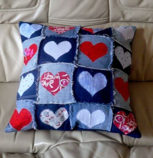 A pillow made from old jeans.