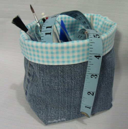 A multiuse organizer made from old jeans.